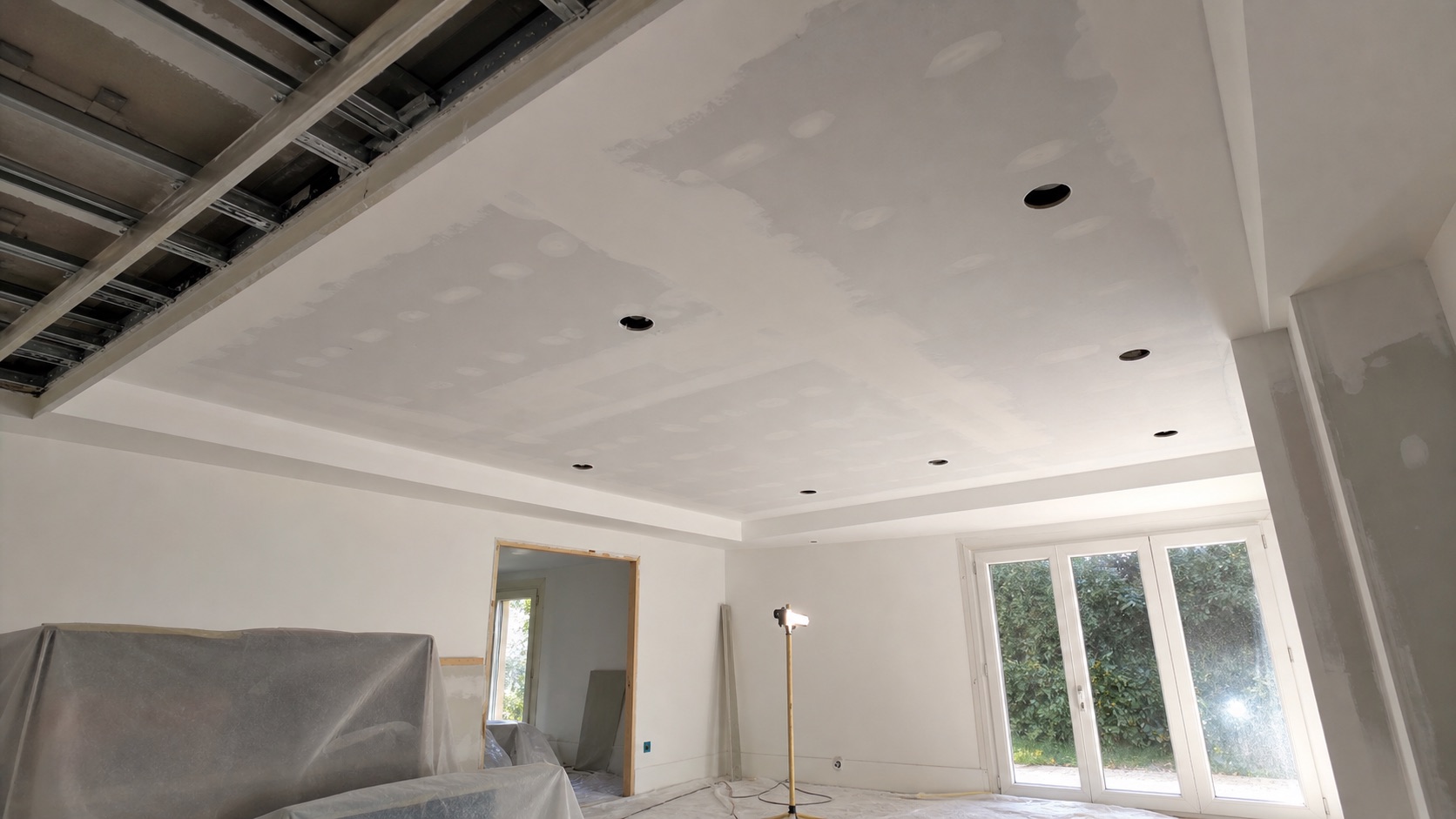 Faux plafond en placo en cours de finition avec emplacements de spots encastrés