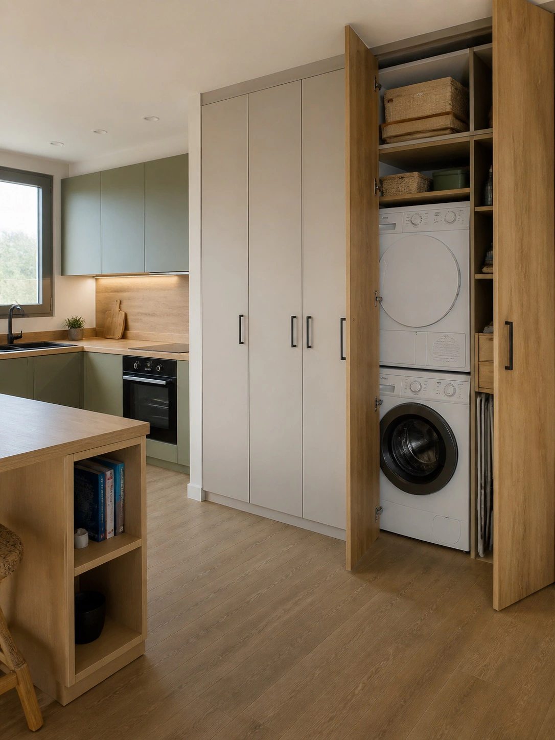 Agencement intérieur avec cuisine, rangements et buanderie intégrée